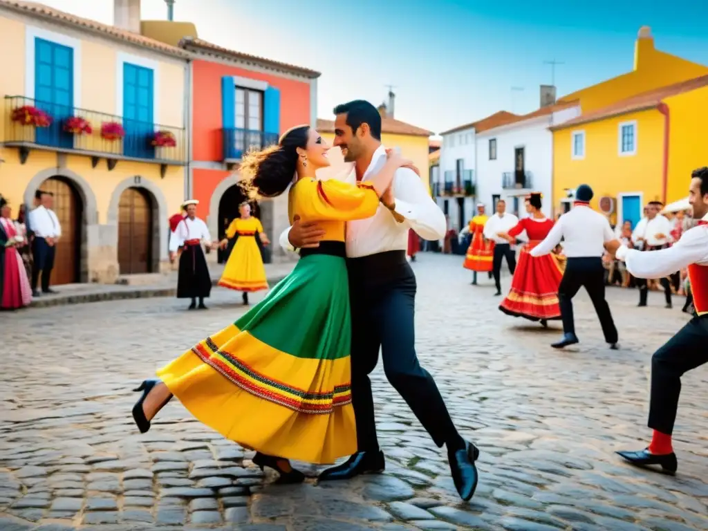 Vibrante baile de fandango portugués en una plaza rústica con trajes coloridos y danza técnica