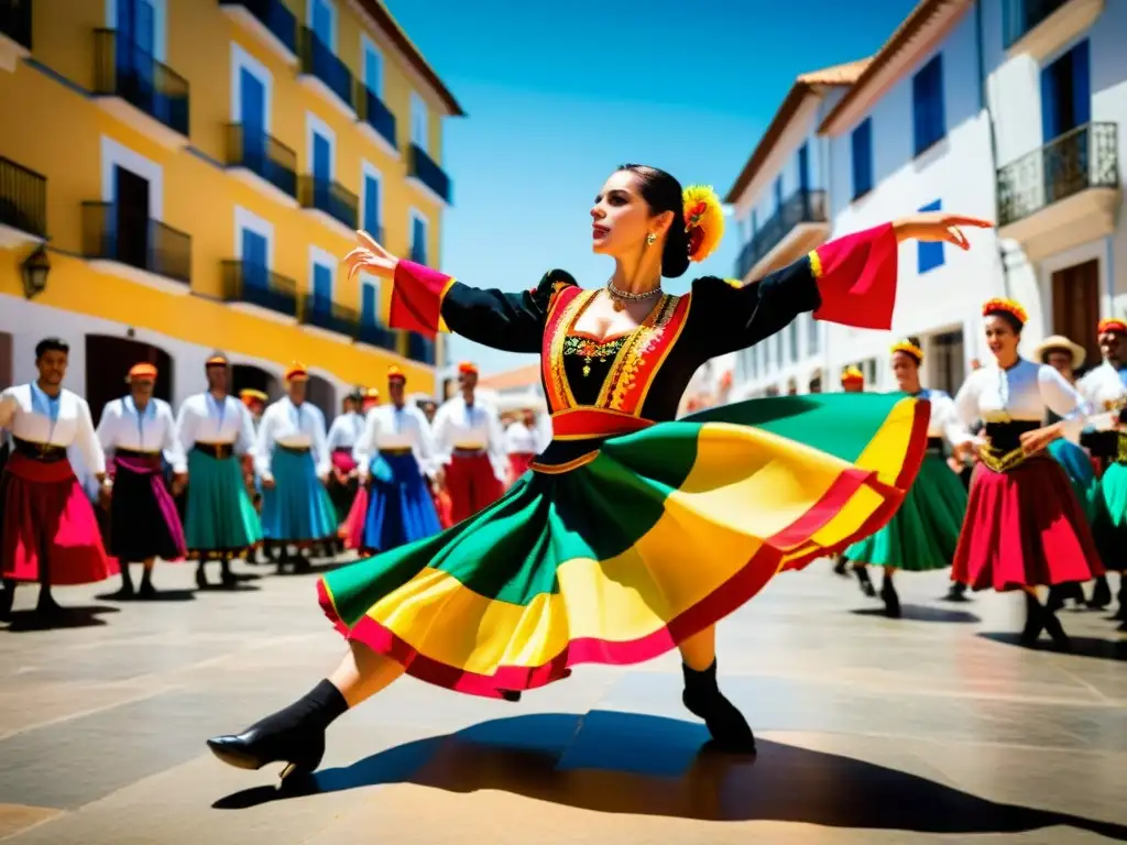 Un vibrante baile de Fandango en España o Portugal con trajes tradicionales, expresiones apasionadas y energía dinámica