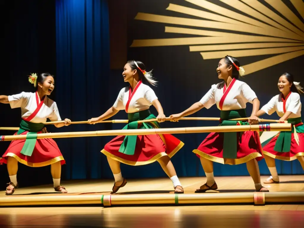 Vibrante baile Tinikling Filipino: agilidad y ritmo entre bambúes, atuendos coloridos y expresiones enfocadas, enérgico y celebratorio ambiente