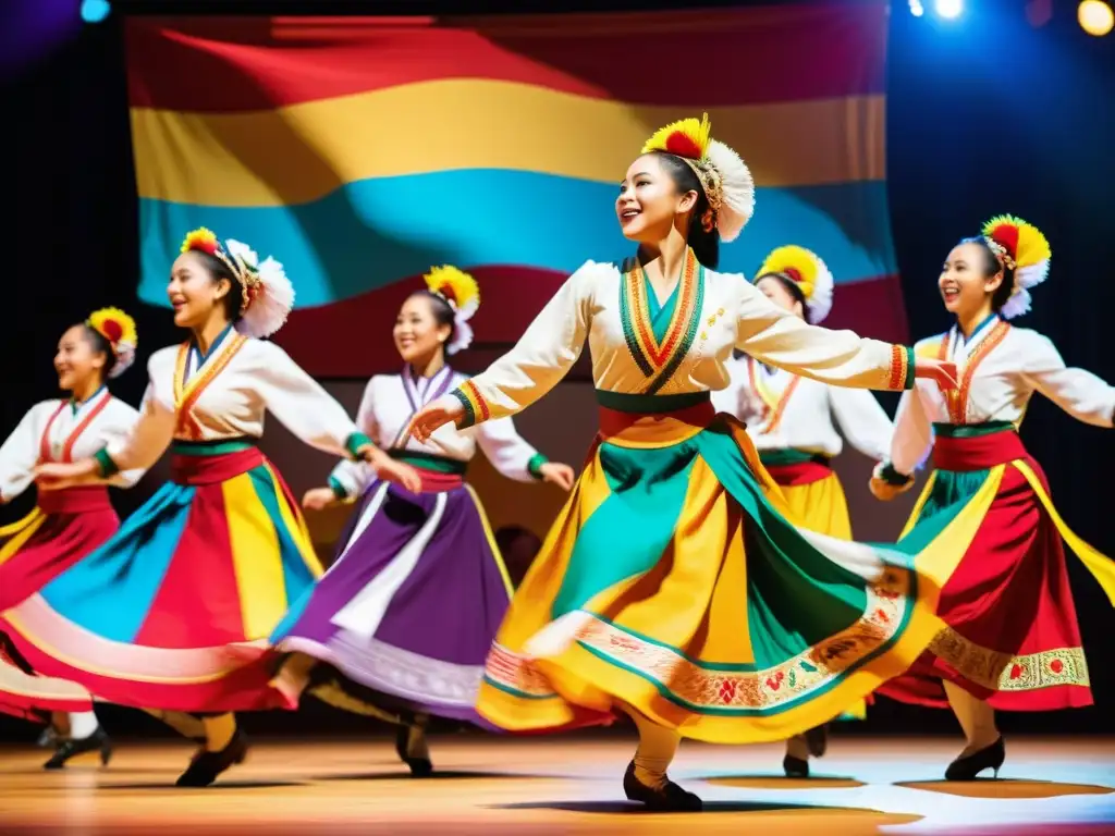 Un vibrante baile folclórico con bailarines en trajes tradicionales y banderas coloridas, irradiando energía y celebración