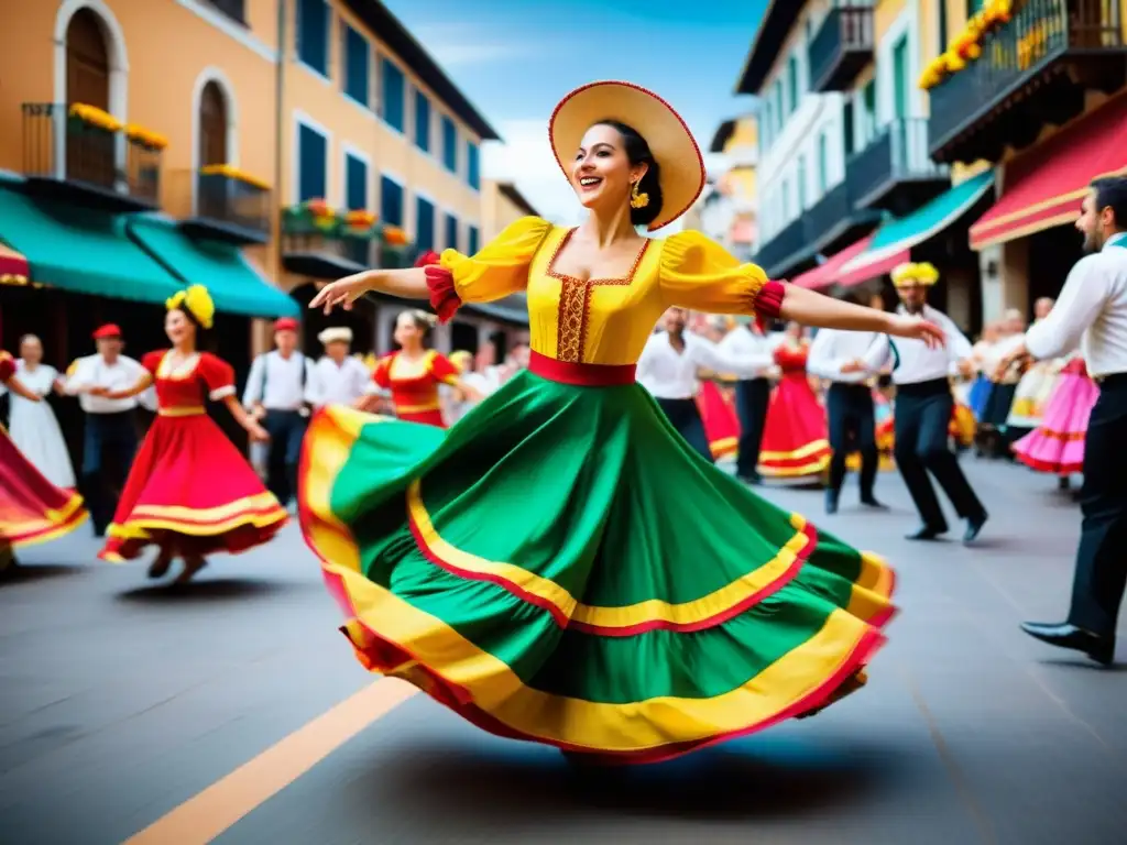 Vibrante baile folclórico español en festival con música tradicional y coloridos trajes, reflejando alegría y comunidad