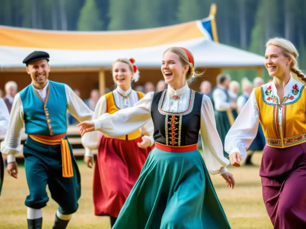 Vibrante baile folclórico en el Festival de Folklore de Kaustinen, Finlandia, capturando la alegría y colorido de la tradición finlandesa