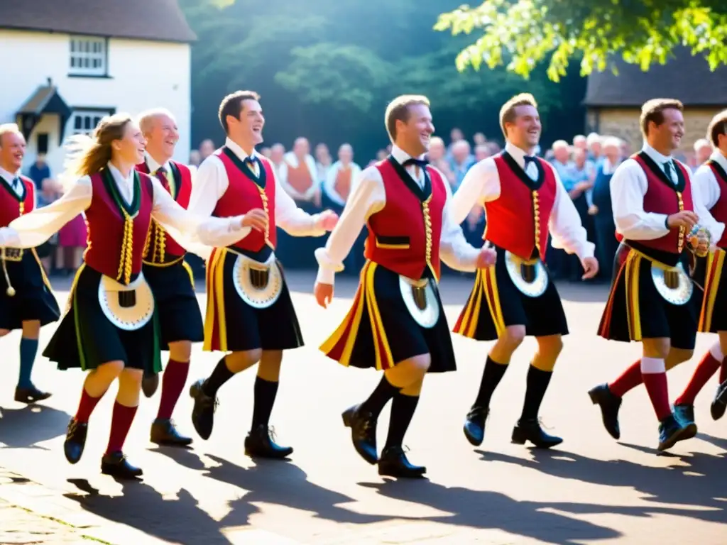 Un vibrante baile folclórico inglés en una plaza al atardecer, donde los bailarines en trajes tradicionales con cintas y cascabeles realizan una danza llena de energía y precisión, mientras espectadores de todas las edades observan maravillados