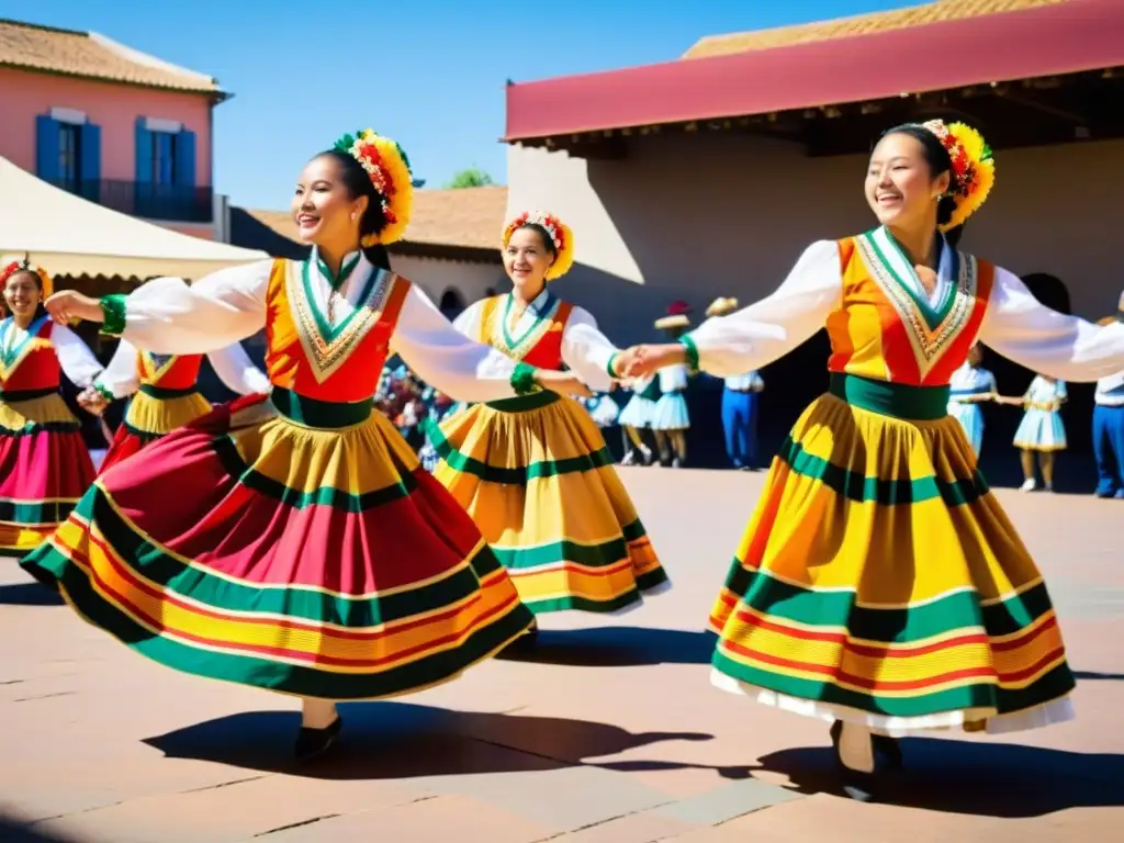 Un vibrante baile folclórico en la plaza, con coloridos trajes y movimientos sincronizados