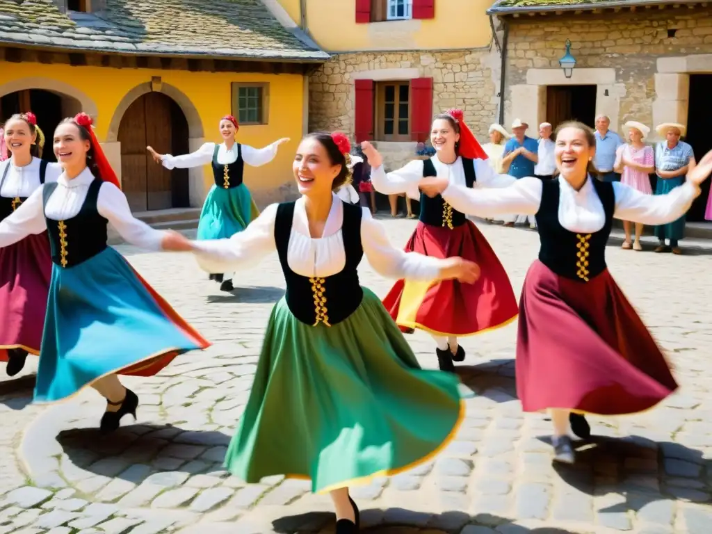 Un vibrante baile folclórico en una plaza rural de Francia, con colores, expresiones alegres y espectadores aplaudiendo