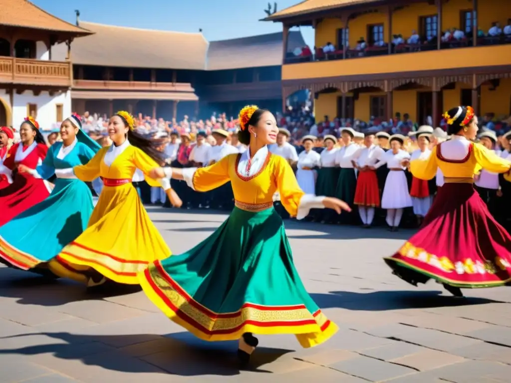 Un vibrante baile folclórico en la plaza de la ciudad, con trajes tradicionales y espectadores emocionados