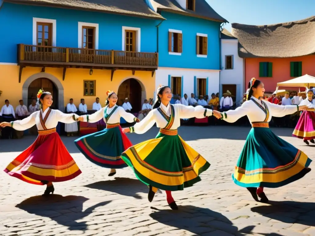 Un vibrante baile folclórico con trajes coloridos, danzantes congelados en el aire, rodeados de música y espectadores