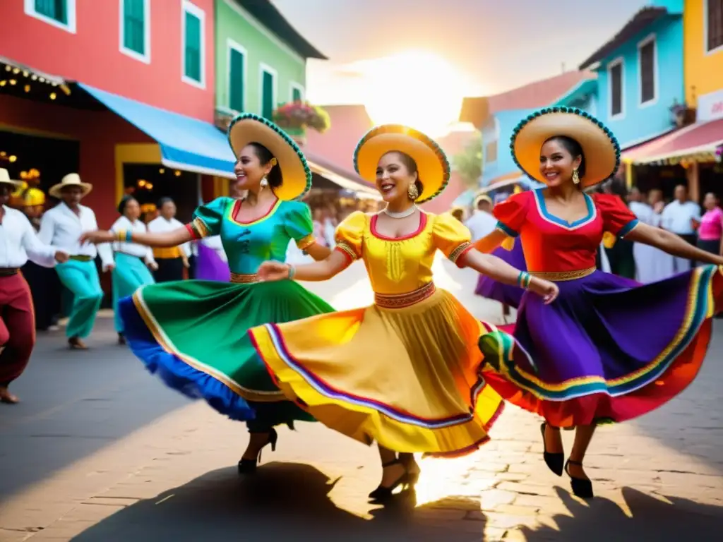 Un vibrante baile folklórico latinoamericano en un bullicioso mercado al atardecer