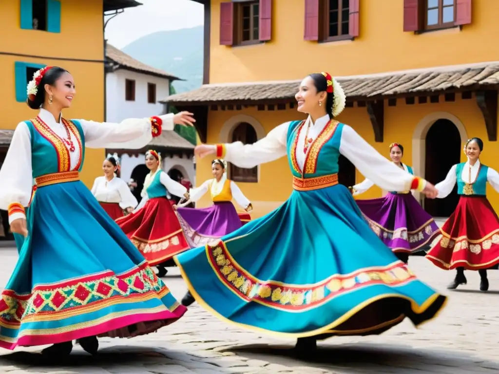 Un vibrante baile folklórico en una plaza histórica con trajes tradicionales