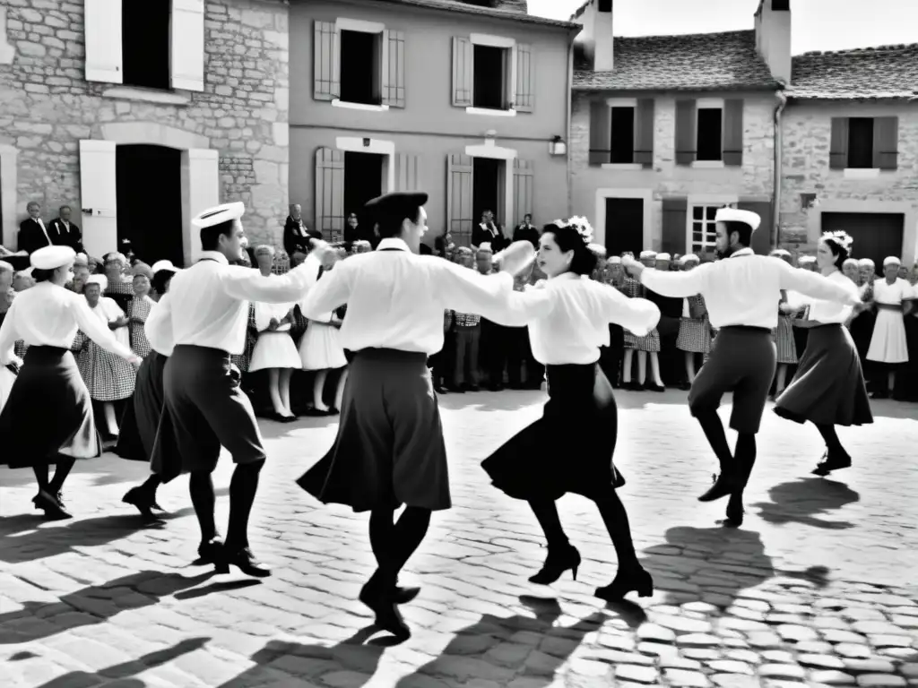 Vibrante baile de cuadrilla francés en la plaza del pueblo, con participantes en trajes tradicionales