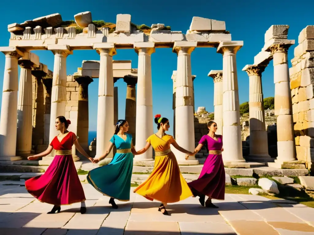 Un vibrante baile griego tradicional en ruinas antiguas, con melodías en las danzas griegas