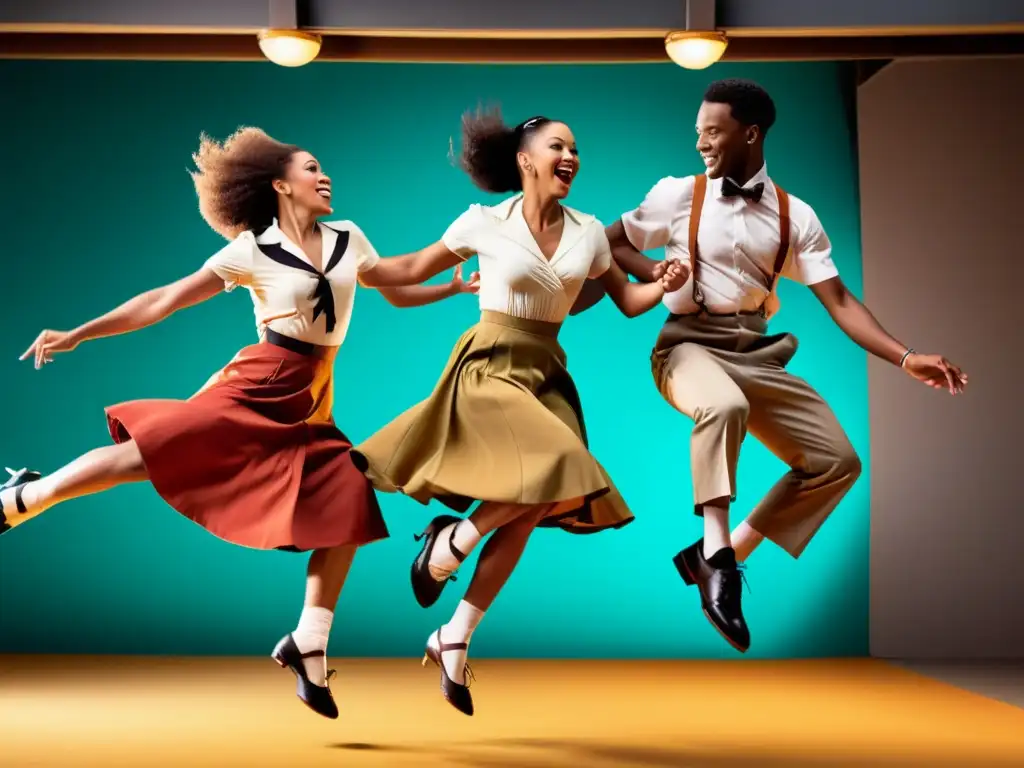 Vibrante baile de Lindy Hop en salón clásico con banda en vivo