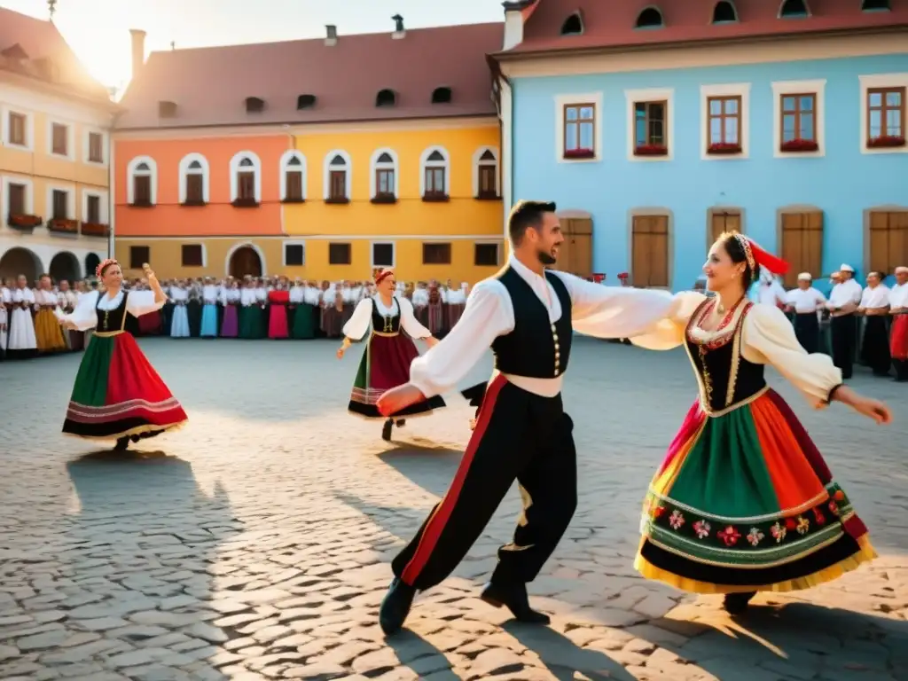 Vibrante baile húngaro Csárdás en la plaza de un pueblo, con trajes tradicionales y energía cultural