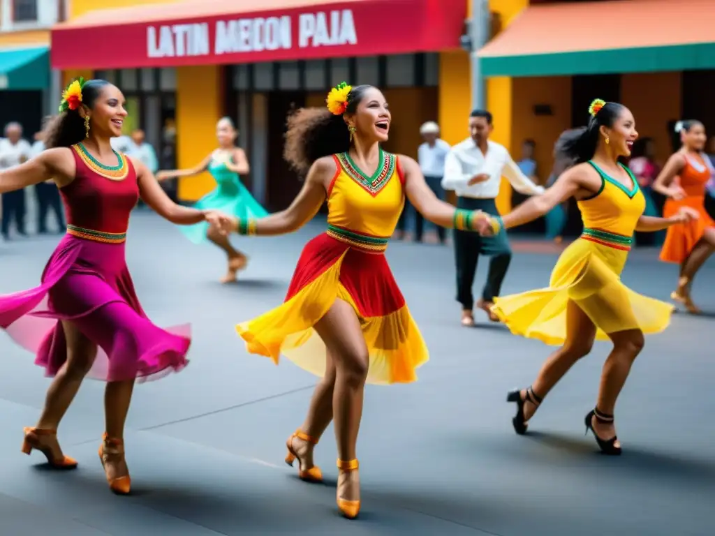 Un vibrante baile latinoamericano en una plaza llena de energía, con danzantes coloridos y expresiones apasionadas