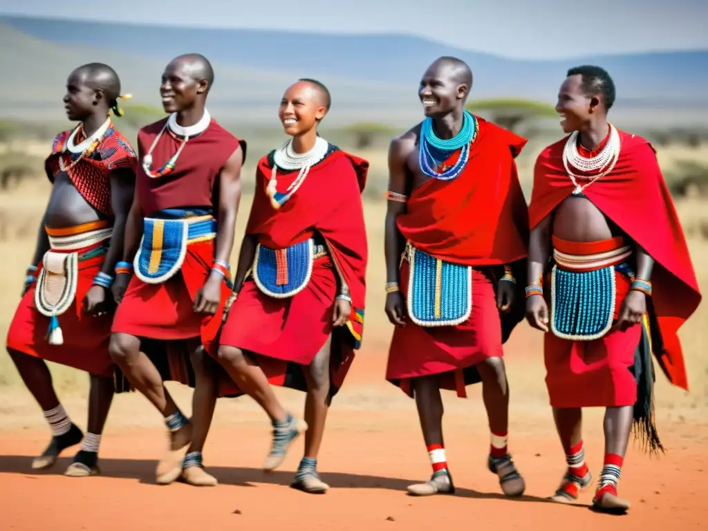 'Vibrante baile Maasai en la sabana africana con trajes tradicionales de danzas mundiales'