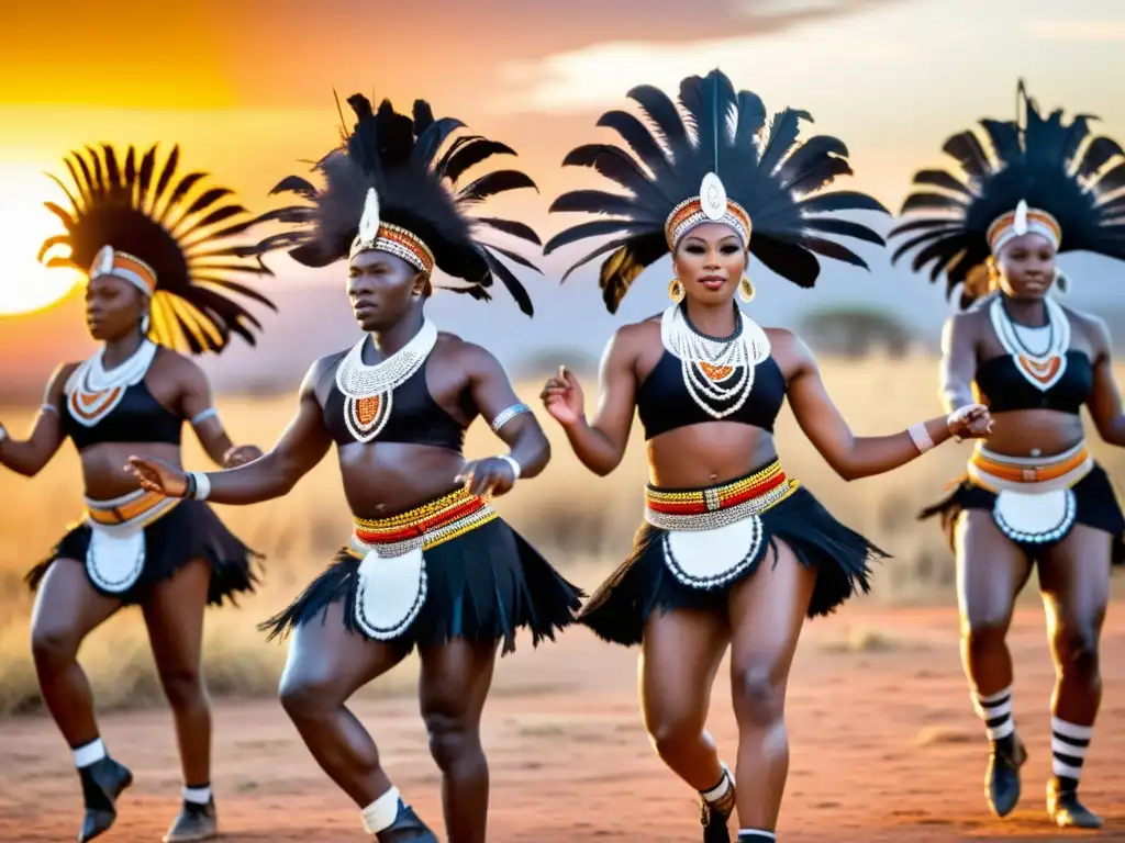 Un vibrante baile Zulu en la sabana dorada al atardecer, simbolizando la rica tradición cultural y espiritual de la danza Zulu en Sudáfrica