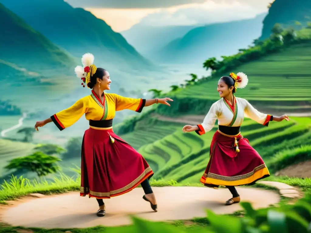 Un vibrante baile tradicional en una aldea rural, con coloridos trajes y una coreografía intricada, rodeado de exuberante vegetación y montañas