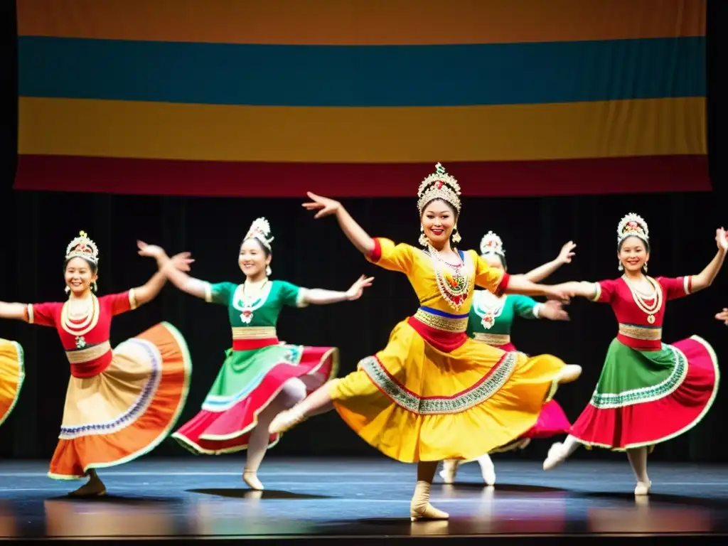 Un vibrante baile tradicional con coloridos trajes y pasión, mostrando las técnicas de enseñanza de danza tradicional