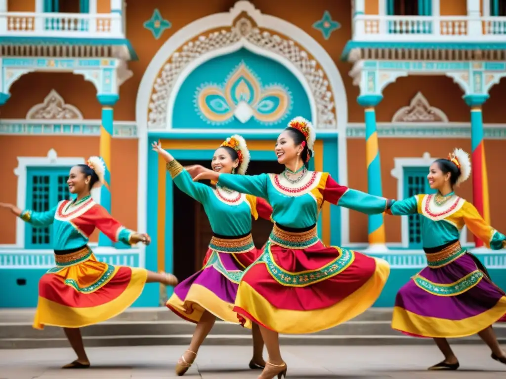 Un vibrante baile tradicional, con coloridos trajes y movimientos sincronizados frente a un edificio cultural histórico