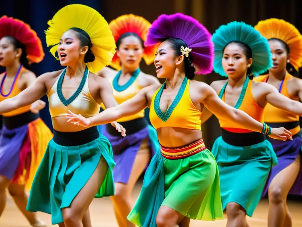 Vibrante baile tradicional en el Encuentro de Danzas del Pacífico en Guam, con movimientos dinámicos y coloridos trajes