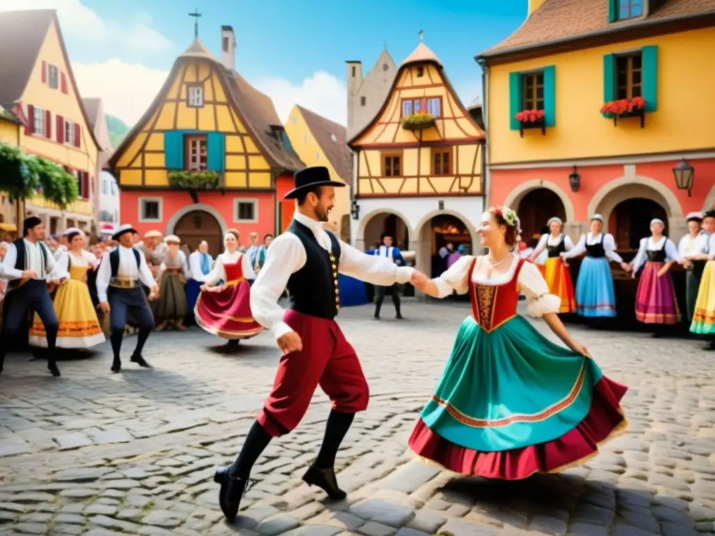 Un vibrante baile tradicional europeo en una encantadora plaza del pueblo