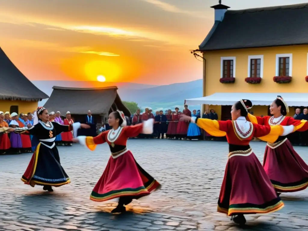 Un vibrante baile tradicional inmersivo en la plaza del pueblo al atardecer