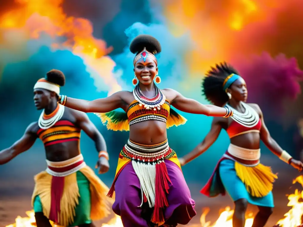 Un vibrante baile tribal africano alrededor de una fogata, con paletas de color inspiradas en danzas étnicas