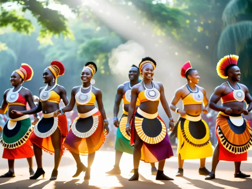 Un vibrante baile tribal africano en medio de una celebración, con expresiones de asombro y alegría