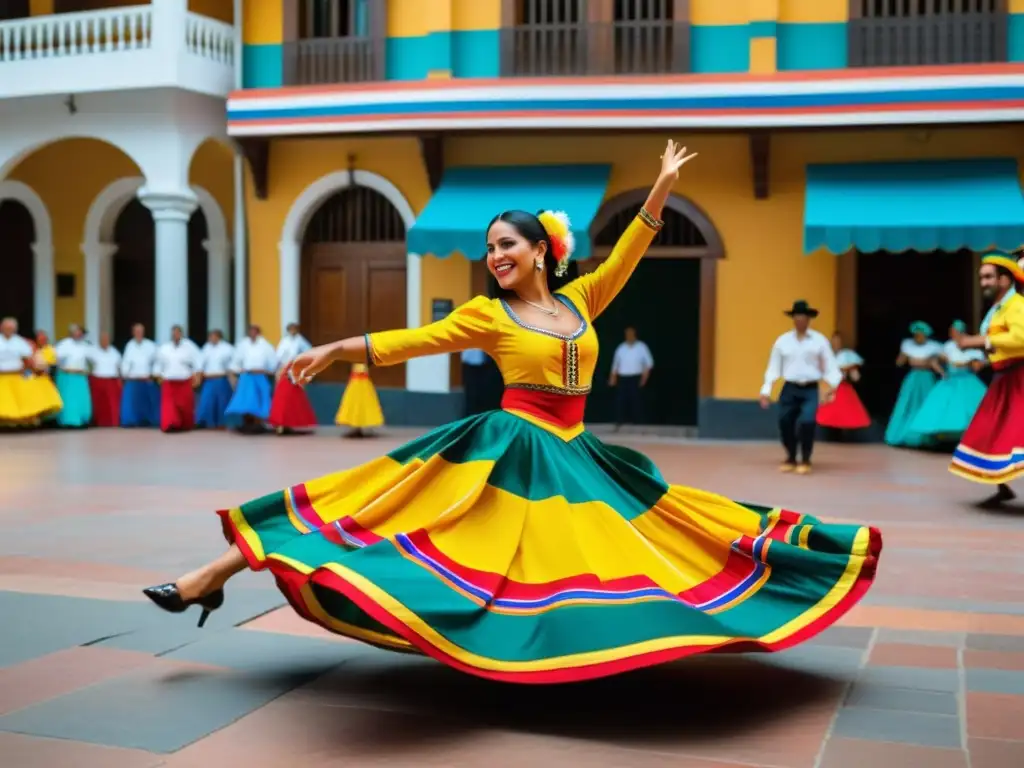 Joropo venezolano: baile vibrante y colorido en la plaza Vibrante baile de joropo venezolano con pasos tradicionales en una plaza colorida
