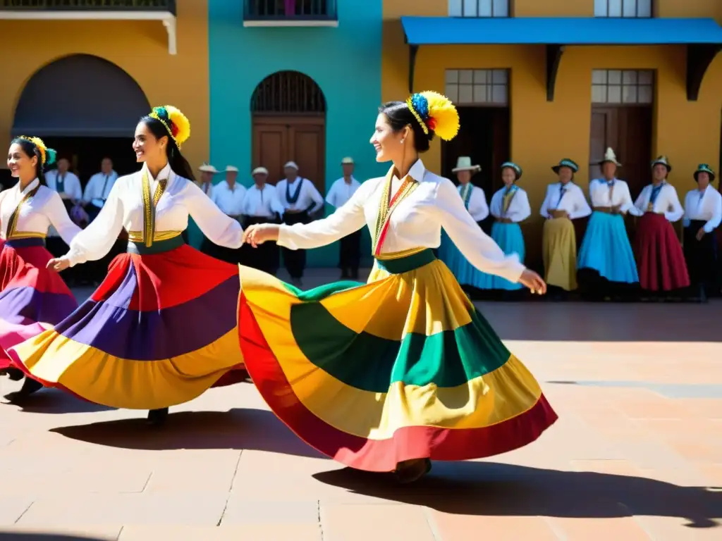 Un vibrante baile de Zamba en una plaza argentina, donde la pasión y el orgullo cultural se entrelazan en un espectáculo lleno de color y movimiento