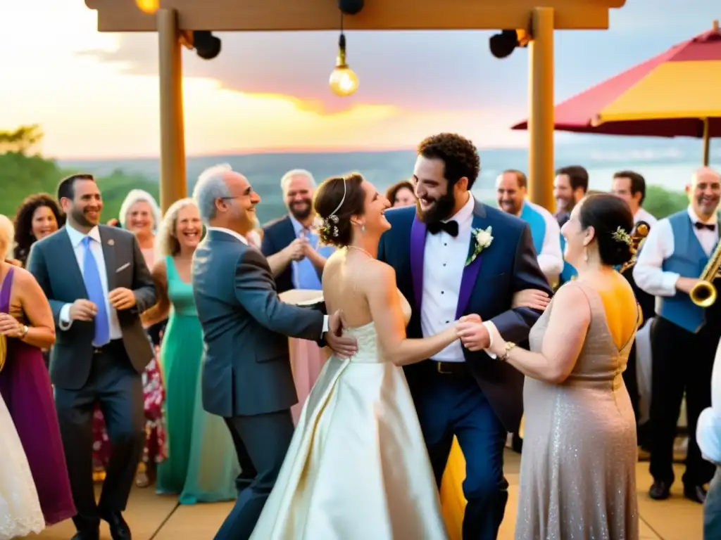 Vibrante boda judía al aire libre con la danza Hora, atuendos coloridos, celebración y alegría al atardecer