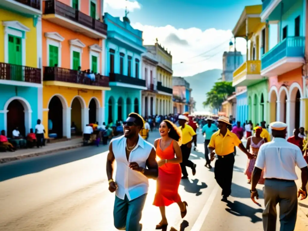 Vibrante calle de Santiago de Cuba con música y baile del Son Cubano, reflejando su origen y significado