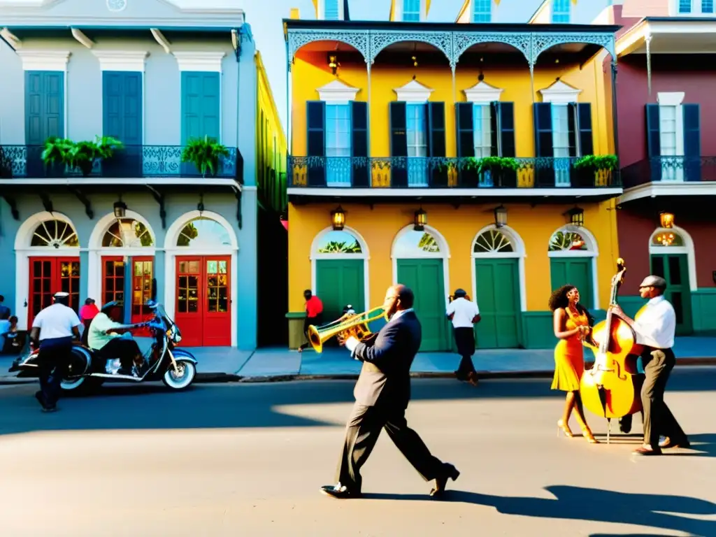 Vibrante calle del Barrio Francés de Nueva Orleans con arquitectura colorida y músicos de jazz llenando el aire de ritmos soul