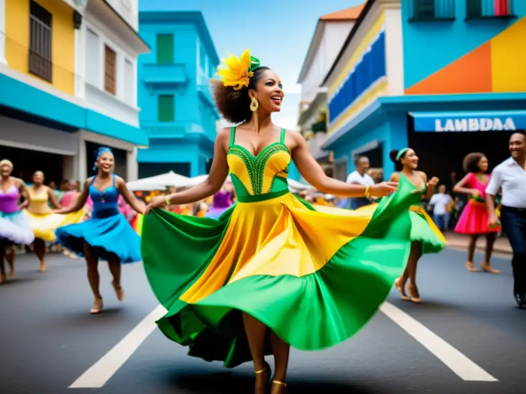 Baile animado de Lambada en las calles de Brasil Vibrante calle de Brasil, gente bailando Lambada