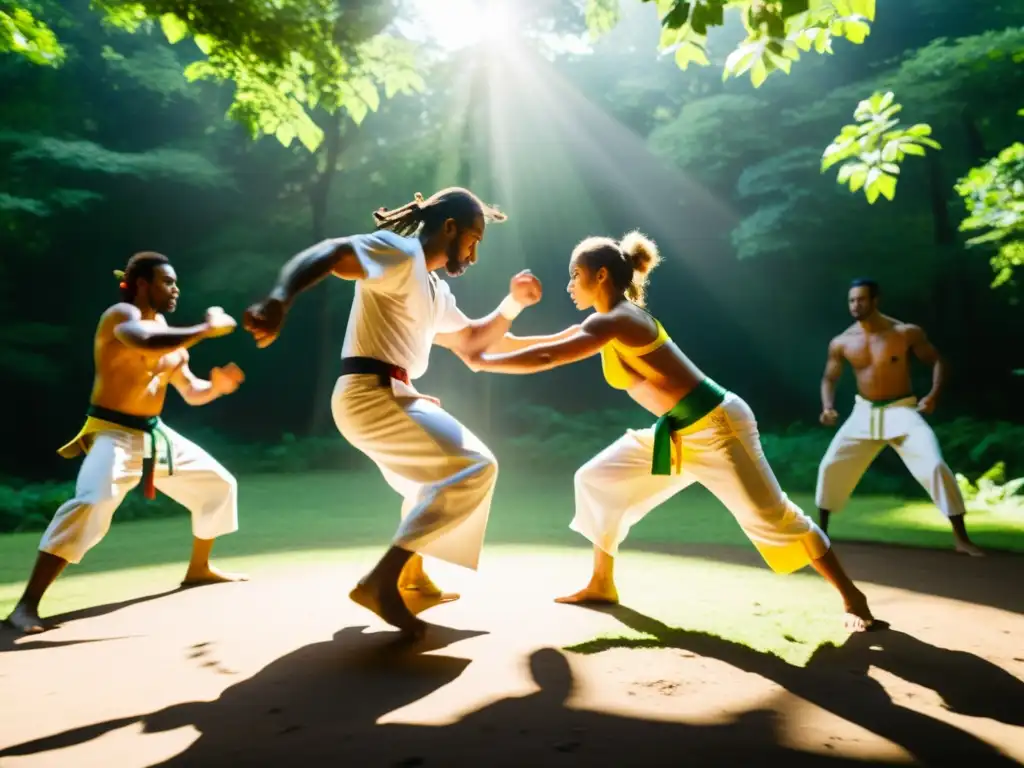 Vibrante capoeira afrobrasileña en un claro del bosque, con capoeiristas y músico, significado cultural de la capoeira afrobrasileña