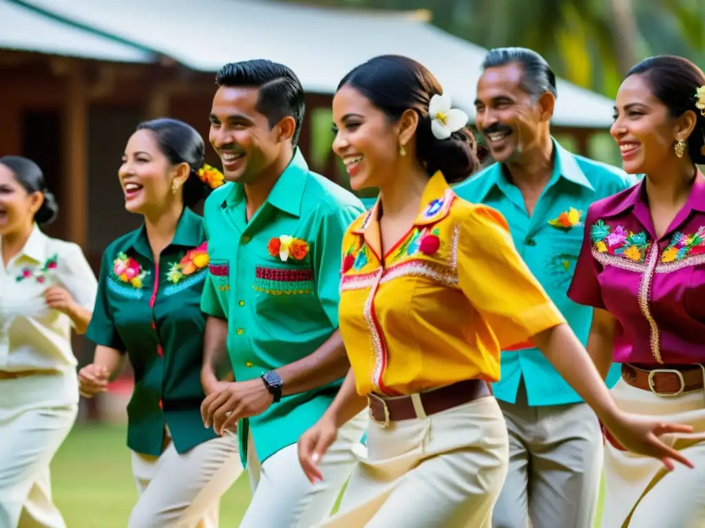 Una vibrante celebración de bailes tradicionales latinoamericanos en guayaberas, capturando el significado cultural de la Guayabera