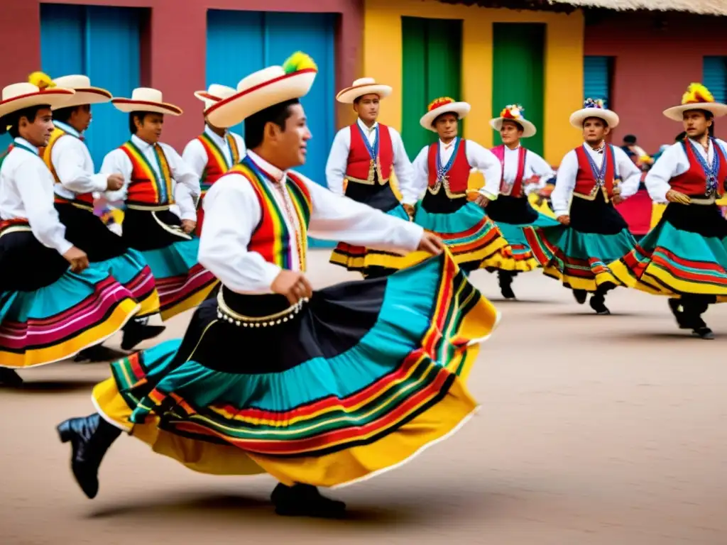 Vibrante celebración de la historia y significado cultural de la cueca boliviana, con coloridos trajes y música tradicional