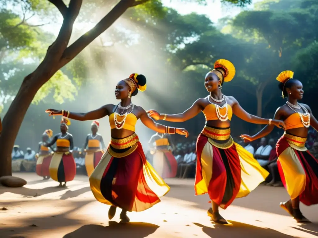 Una vibrante ceremonia de danza africana con mujeres adornadas en trajes coloridos, danzando al ritmo de tambores bajo la luz del sol