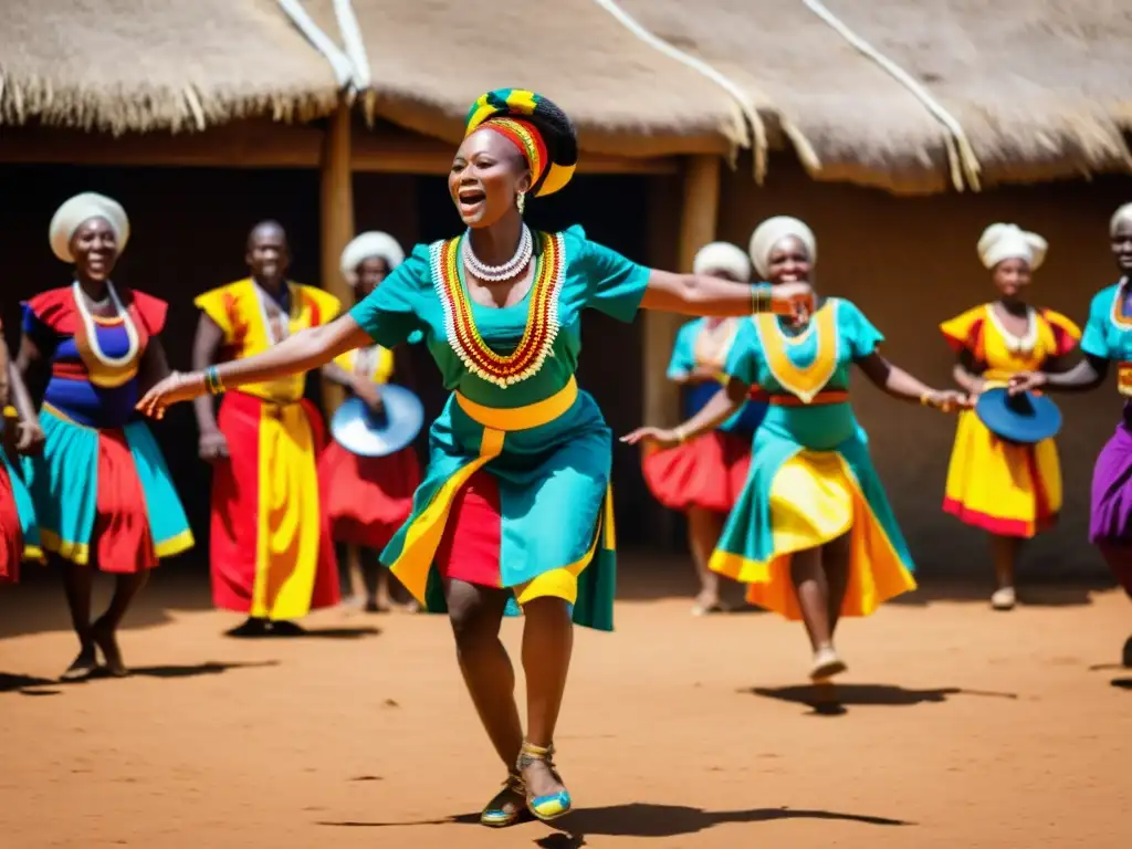 Una vibrante ceremonia de danza africana con trajes coloridos y ritmo, celebrando la música y cultura africana