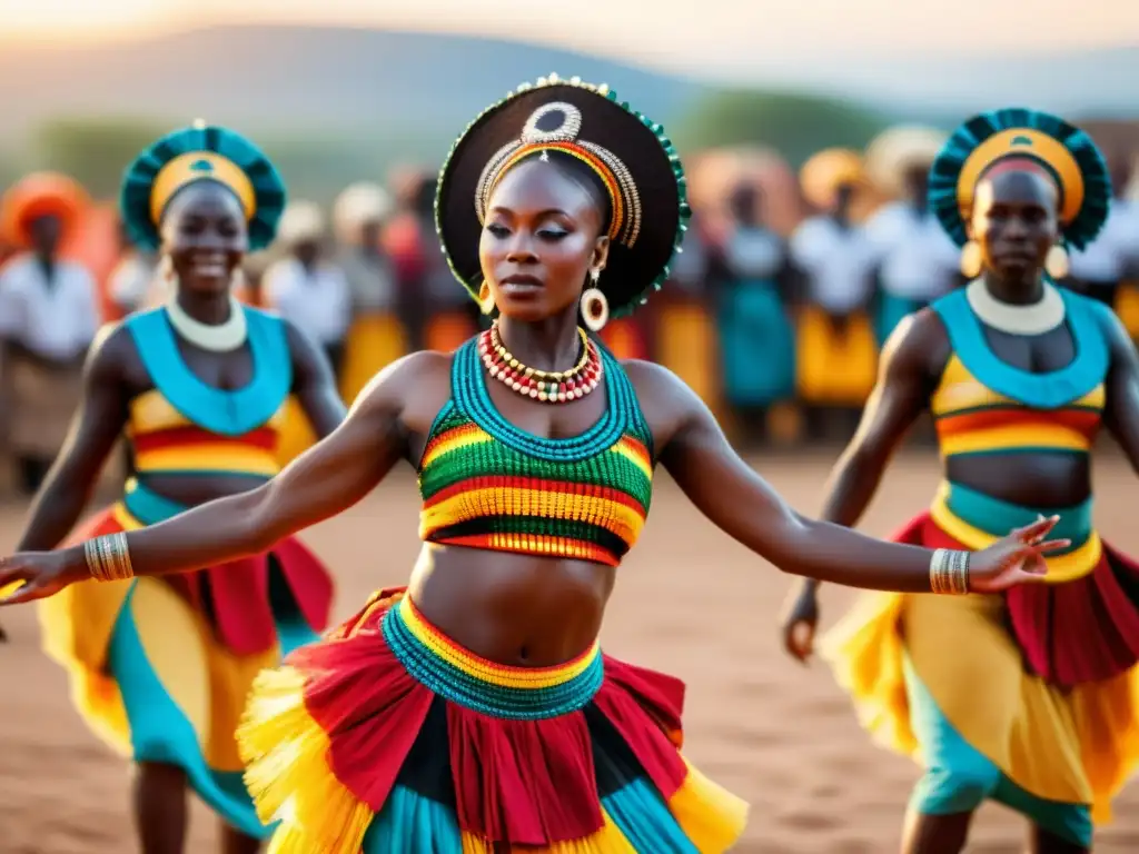 Vibrante ceremonia de danza tradicional en África, con coloridos trajes y movimientos rítmicos, capturando la riqueza cultural