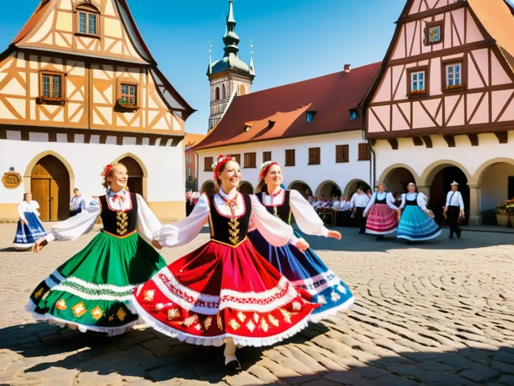 Vibrante polka checa: bailarines en trajes tradicionales ejecutan la danza en una plaza soleada, capturando el significado cultural de la Polka checa