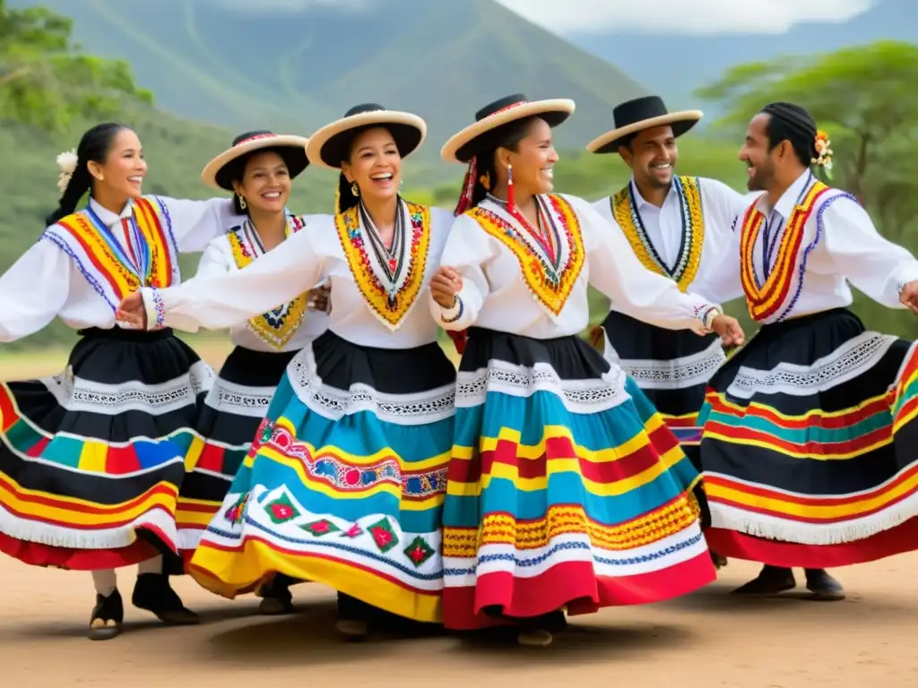 Un vibrante círculo de bailarines de Chacarera en trajes tradicionales, expresando alegría y energía al moverse al ritmo de la música