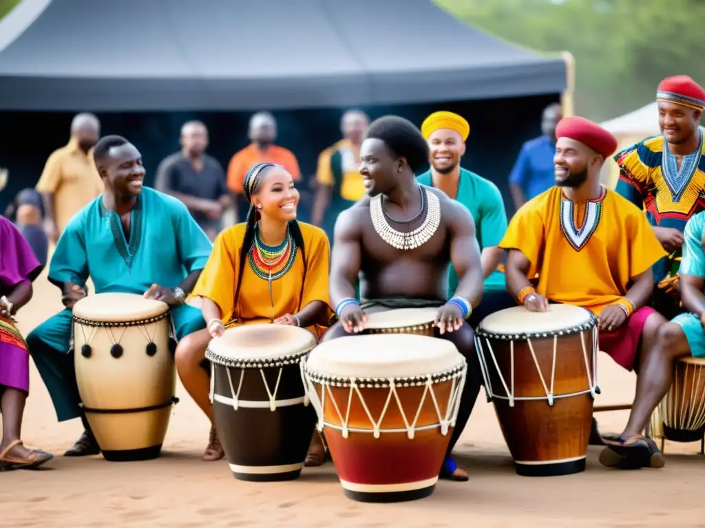 Un vibrante círculo de tambores africanos con percusionistas talentosos y una multitud diversa, transmitiendo el significado cultural de las danzas