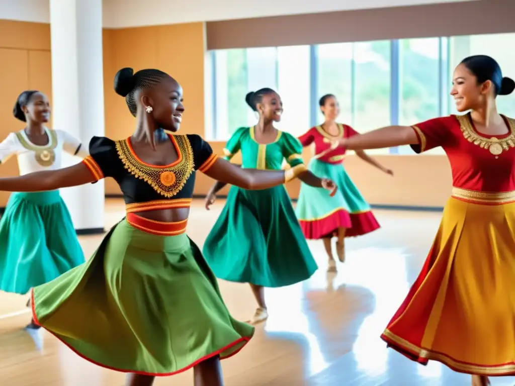 Vibrante clase de danza tradicional en vivo, con estudiantes y instructor disfrutando de la energía del baile y los coloridos trajes