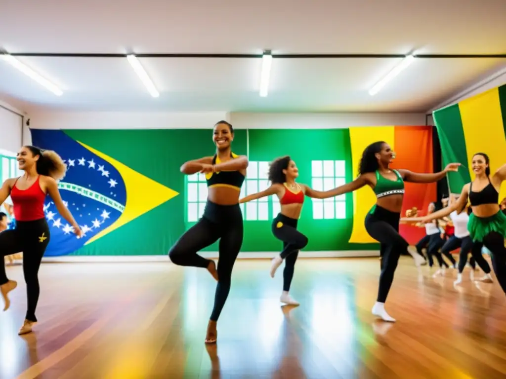 Vibrante clase de danzas brasileñas en academias, con estudiantes entusiastas y coloridos trajes en un ambiente festivo y auténtico