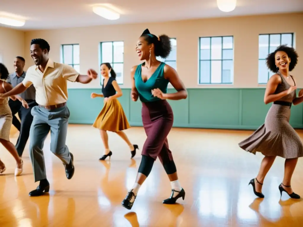 Vibrante clase de Lindy Hop en estudio con alumnos diversos aprendiendo movimientos clásicos de swing
