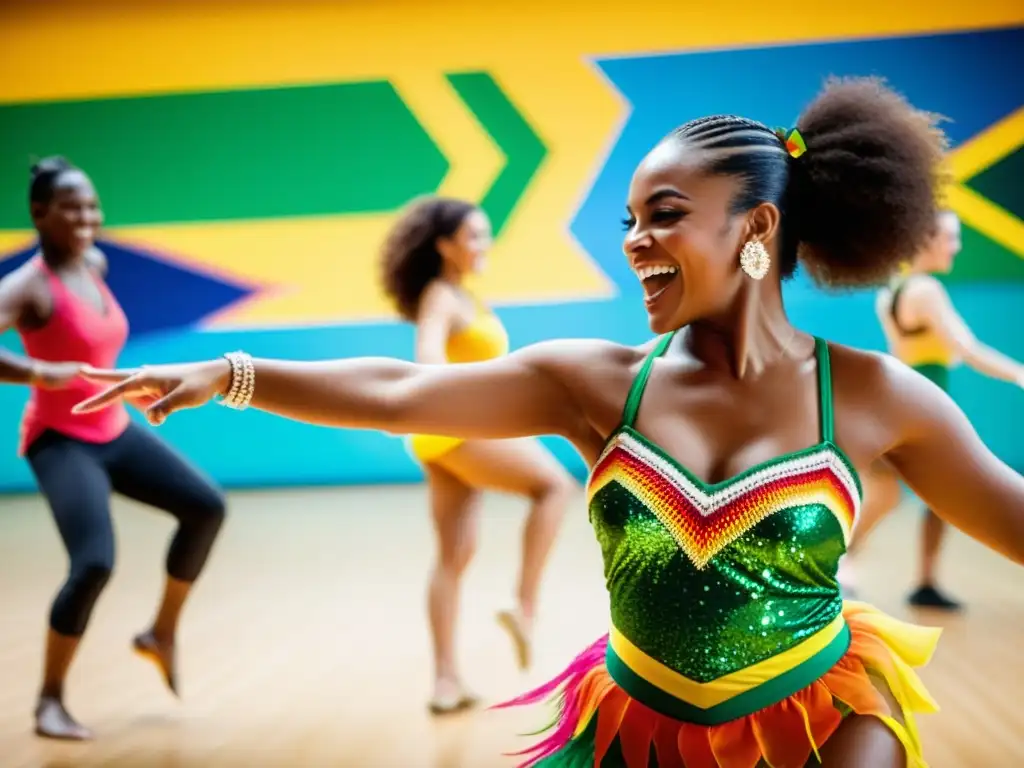 Vibrante clase de samba online con estudiantes diversos aprendiendo movimientos tradicionales