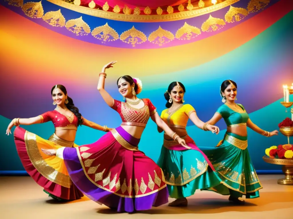 Un vibrante y colorido espectáculo de danza tradicional de Bollywood, con trajes elaborados y expresiones dinámicas que transmiten energía y emoción