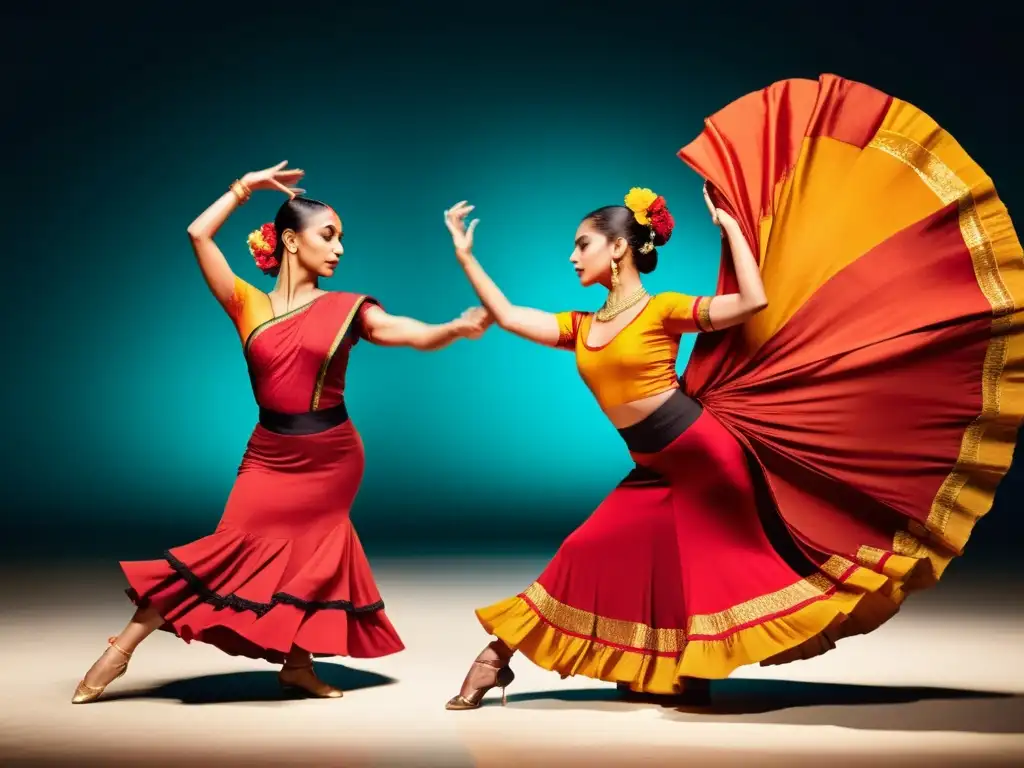 Una vibrante comparativa de las danzas tradicionales del mundo, con una bailarina de flamenco y otra de Bharatanatyam, expresando narrativas culturales a través del movimiento