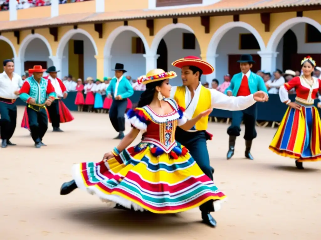 Competencia de Marinera Peruana: Elegancia y Colorido Vibrante competencia de marinera peruana, con danzas elegantes y coloridos trajes en una plaza